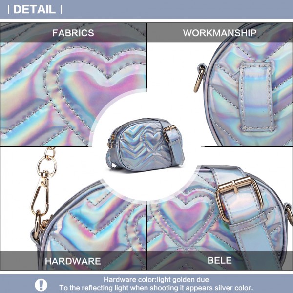 LH6834 - Miss Lulu Quilted Heart and Chevron Cross Body and Bum Bag - Iridescent Light Blue